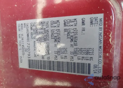 2014 Nissan Pathfinder S/Sv/Sl/Platinum z USA, uszkodzony, nr VIN 5N1AR2MM4EC720793